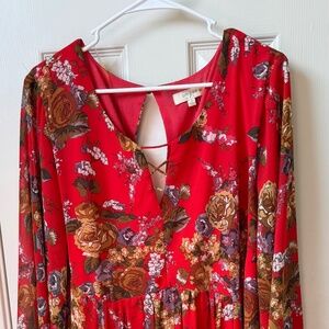 Red/Floral Mini Dress with Bell Sleeves